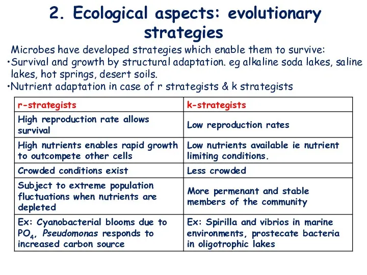 2. Ecological aspects: evolutionary strategies Microbes have developed strategies which