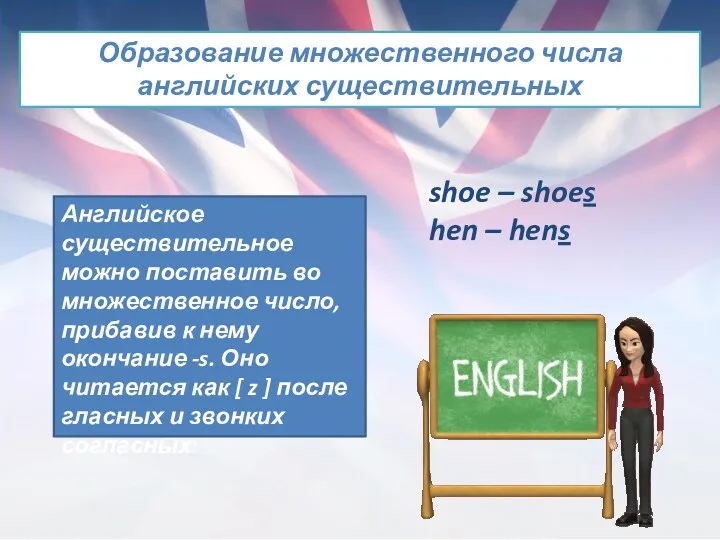 Образование множественного числа английских существительных Английское существительное можно поставить во множественное число, прибавив