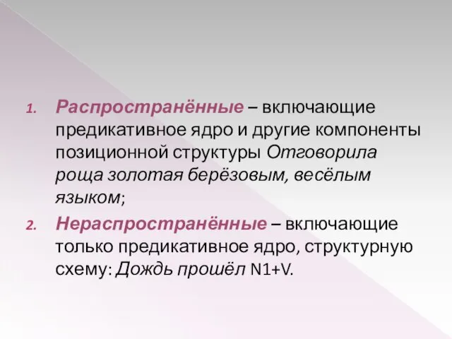 Распространённые – включающие предикативное ядро и другие компоненты позиционной структуры