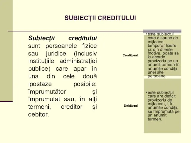 SUBIECȚII CREDITULUI Subiecţii creditului sunt persoanele fizice sau juridice (inclusiv