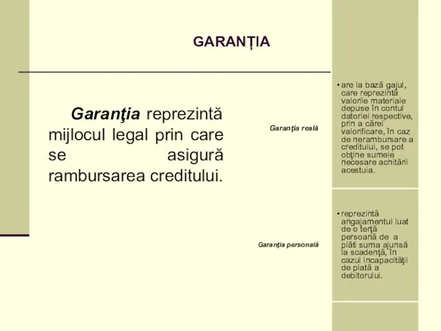 GARANȚIA Garanţia reprezintă mijlocul legal prin care se asigură rambursarea