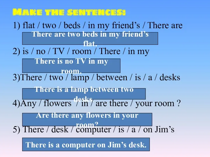 Make the sentences: 1) flat / two / beds /