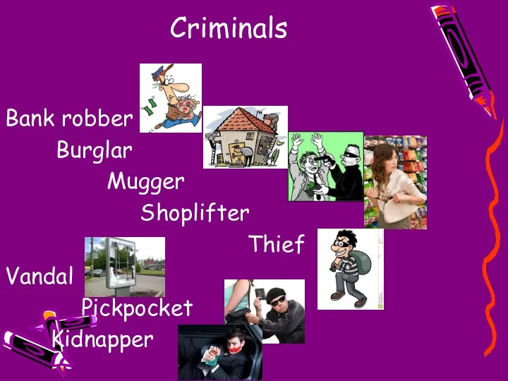 Criminals Bank robber Burglar Mugger Shoplifter Thief Vandal Pickpocket Kidnapper