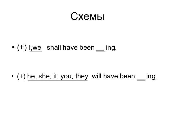 Схемы (+) I,we shall have been ing. (+) he, she,