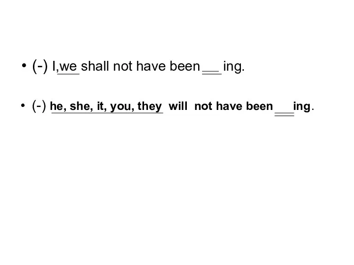 (-) I,we shall not have been ing. (-) he, she,