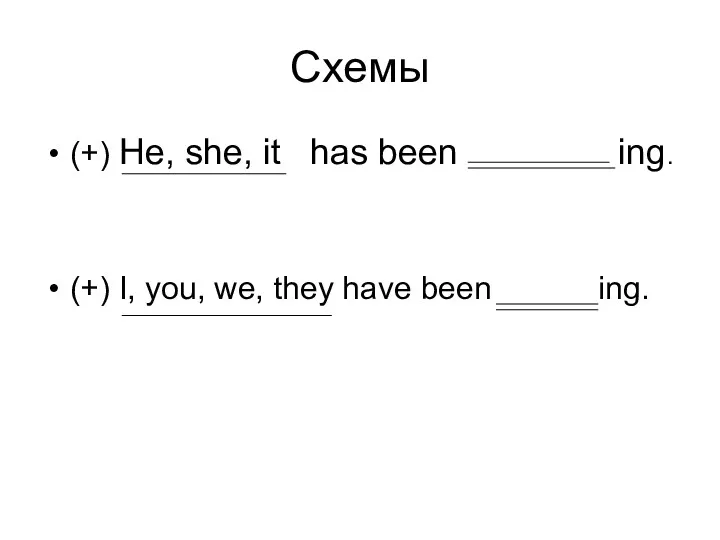 Схемы (+) He, she, it has been ing. (+) I, you, we, they have been ing.