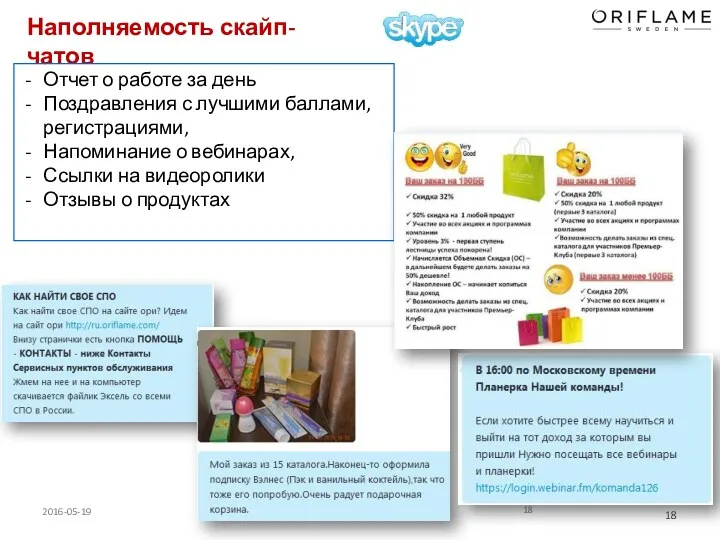 Наполняемость скайп-чатов Отчет о работе за день Поздравления с лучшими