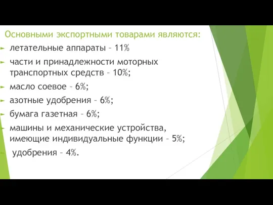 Основными экспортными товарами являются: летательные аппараты – 11% части и