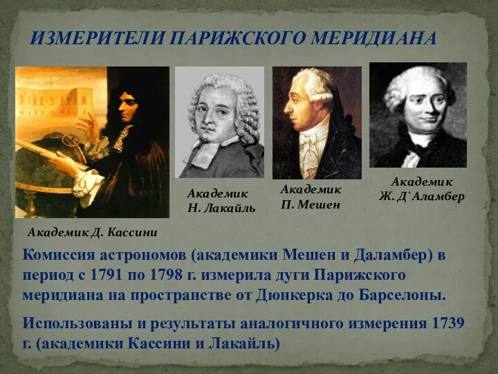 ИЗМЕРИТЕЛИ ПАРИЖСКОГО МЕРИДИАНА Академик Д. Кассини Академик Н. Лакайль Академик