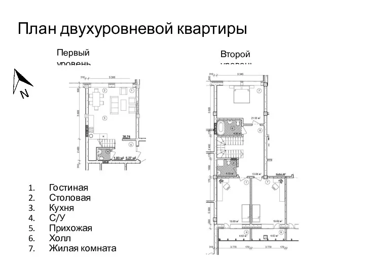 План двухуровневой квартиры Первый уровень Второй уровень Гостиная Столовая Кухня С/У Прихожая Холл Жилая комната
