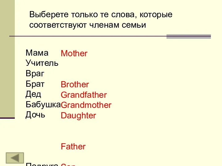 Выберете только те слова, которые соответствуют членам семьи Мама Учитель