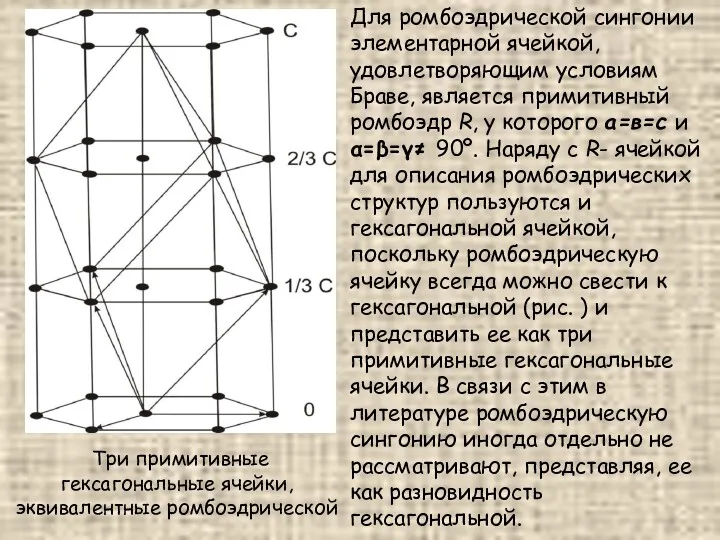 Для ромбоэдрической сингонии элементарной ячейкой, удовлетворяющим условиям Браве, является примитивный