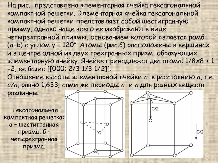 На рис. представлена элементарная ячейка гексагональной компактной решетки. Элементарная ячейка