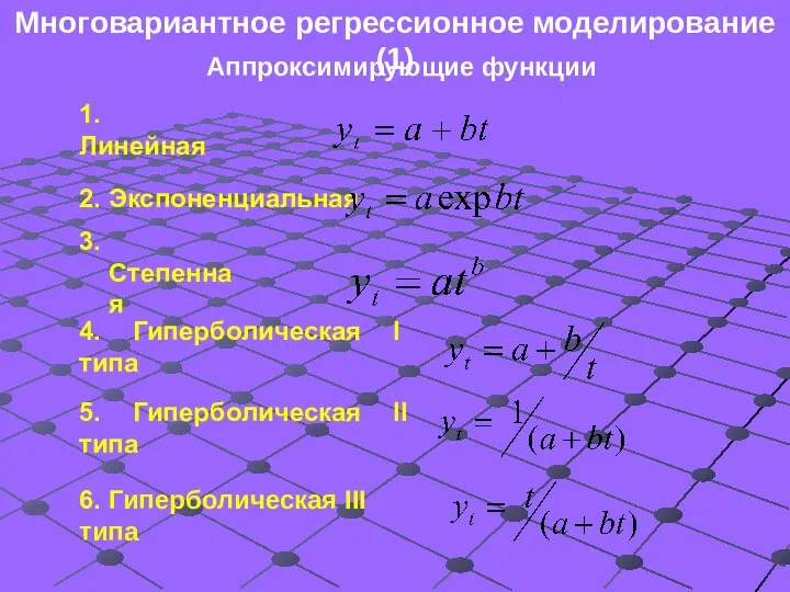 Многовариантное регрессионное моделирование (1) Аппроксимирующие функции 1. Линейная 2. Экспоненциальная