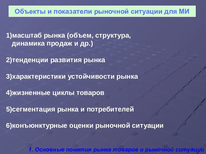 Объекты и показатели рыночной ситуации для МИ 1)масштаб рынка (объем,