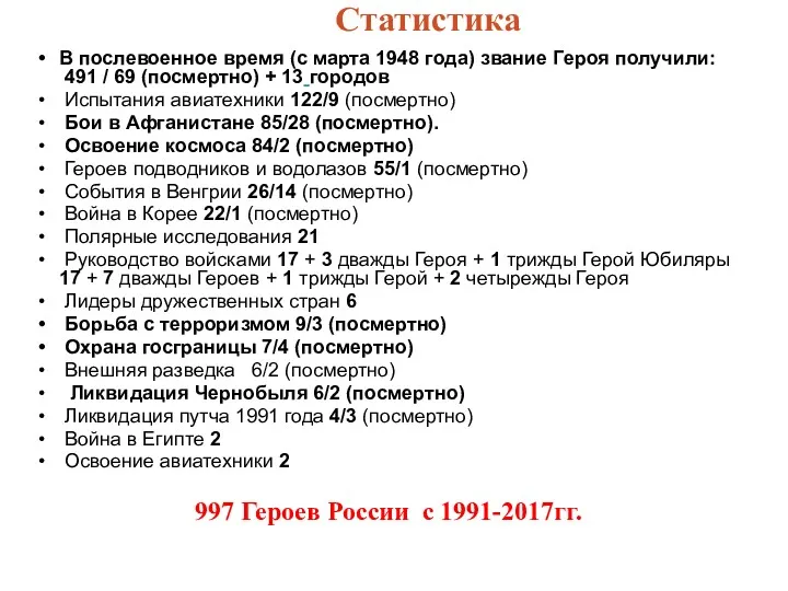 Статистика В послевоенное время (с марта 1948 года) звание Героя