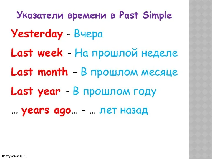 Указатели времени в Past Simple Yesterday - Вчера Last week