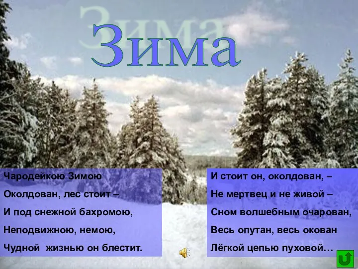 Зима Чародейкою Зимою Околдован, лес стоит – И под снежной бахромою, Неподвижною, немою,