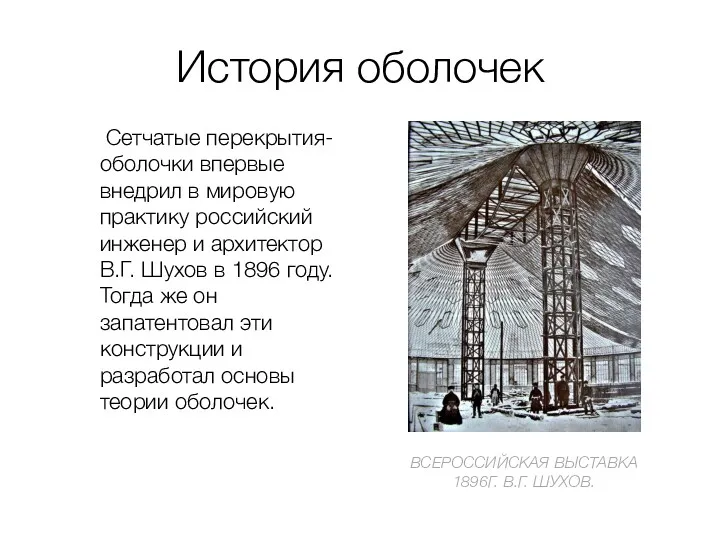 История оболочек ВСЕРОССИЙСКАЯ ВЫСТАВКА 1896Г. В.Г. ШУХОВ. Сетчатые перекрытия-оболочки впервые