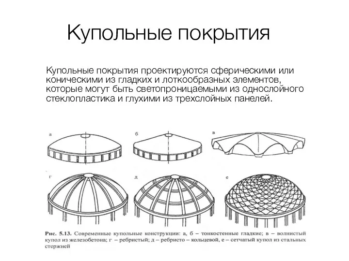 Купольные покрытия Купольные покрытия проектируются сферическими или коническими из гладких и лоткообразных элементов,