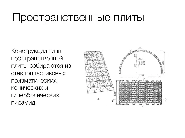 Пространственные плиты Конструкции типа пространственной плиты собираются из стеклопластиковых призматических, конических и гиперболических пирамид.