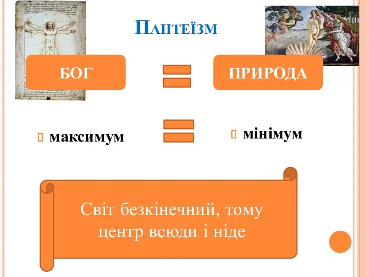 Пантеїзм максимум мінімум БОГ ПРИРОДА Світ безкінечний, тому центр всюди і ніде