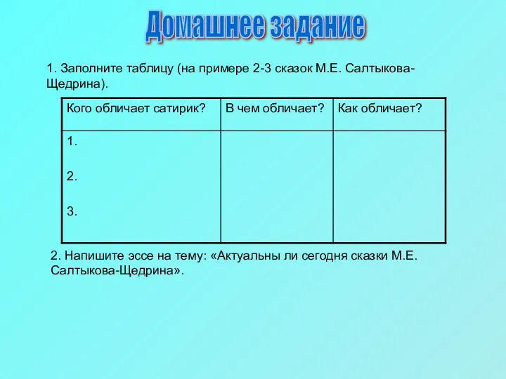 Домашнее задание 1. Заполните таблицу (на примере 2-3 сказок М.Е. Салтыкова-Щедрина). 2. Напишите