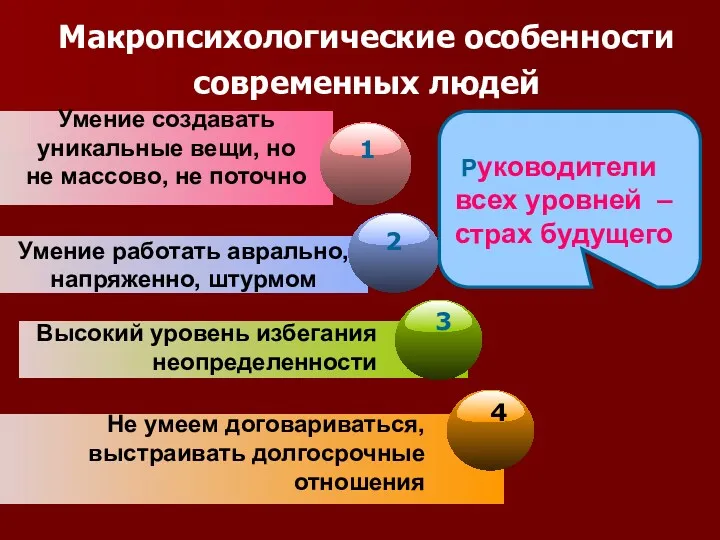 Макропсихологические особенности современных людей Умение создавать уникальные вещи, но не