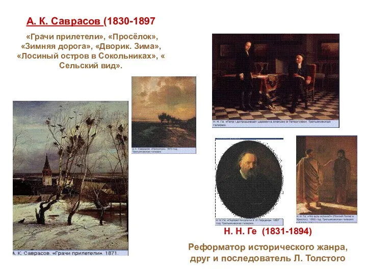 А. К. Саврасов (1830-1897 «Грачи прилетели», «Просёлок», «Зимняя дорога», «Дворик.