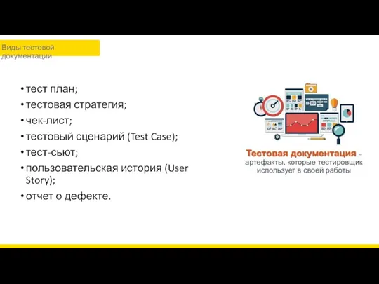 тест план; тестовая стратегия; чек-лист; тестовый сценарий (Test Case); тест-сьют;