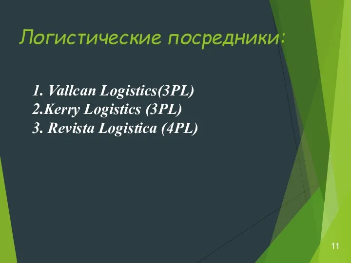 Логистические посредники: 1. Vallcan Logistics(3PL) 2.Kerry Logistics (3PL) 3. Revista Logistica (4PL) 11