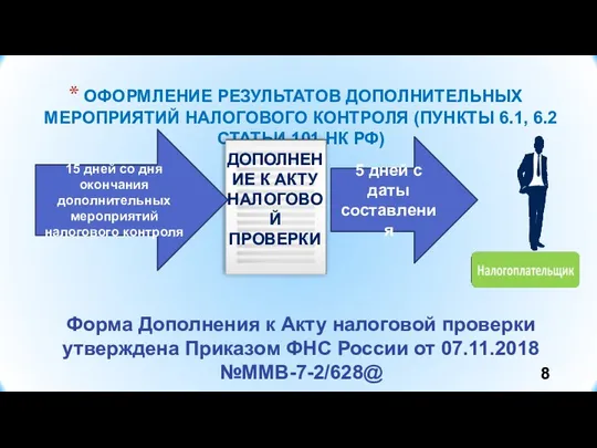 ОФОРМЛЕНИЕ РЕЗУЛЬТАТОВ ДОПОЛНИТЕЛЬНЫХ МЕРОПРИЯТИЙ НАЛОГОВОГО КОНТРОЛЯ (ПУНКТЫ 6.1, 6.2 СТАТЬИ