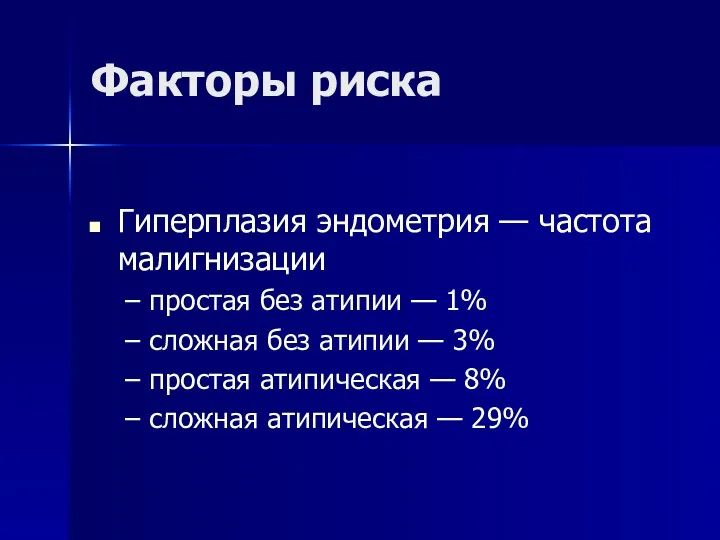 Факторы риска Гиперплазия эндометрия — частота малигнизации простая без атипии