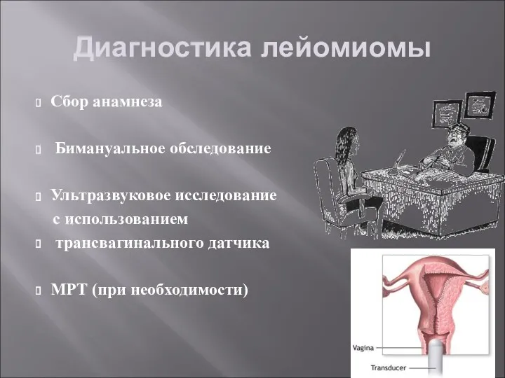 Диагностика лейомиомы Сбор анамнеза Бимануальное обследование Ультразвуковое исследование с использованием трансвагинального датчика МРТ (при необходимости)