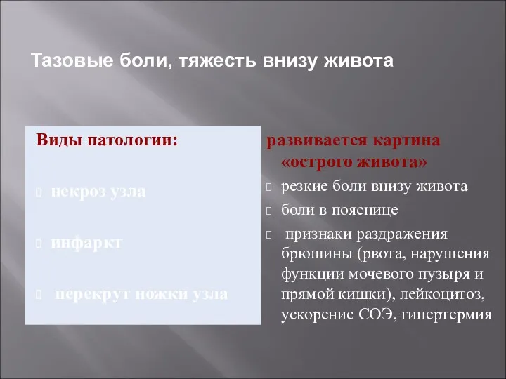 Виды патологии: некроз узла инфаркт перекрут ножки узла развивается картина