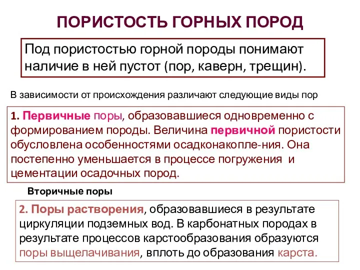 ПОРИСТОСТЬ ГОРНЫХ ПОРОД Под пористостью горной породы понимают наличие в