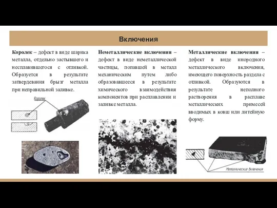 Включения Неметаллические включения – дефект в виде неметаллической частицы, попавшей в металл механическим