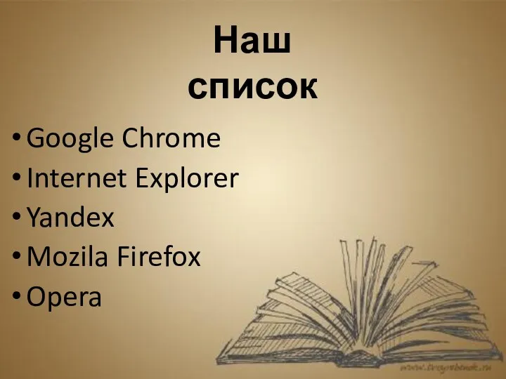 Google Chrome Internet Explorer Yandex Mozila Firefox Opera Наш список