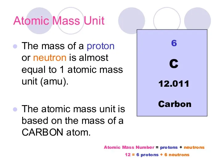 Atomic Mass Unit The mass of a proton or neutron