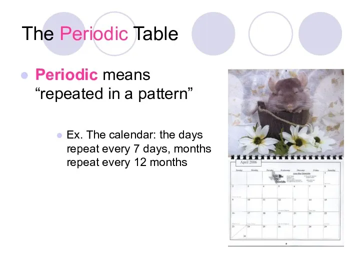 The Periodic Table Periodic means “repeated in a pattern” Ex.