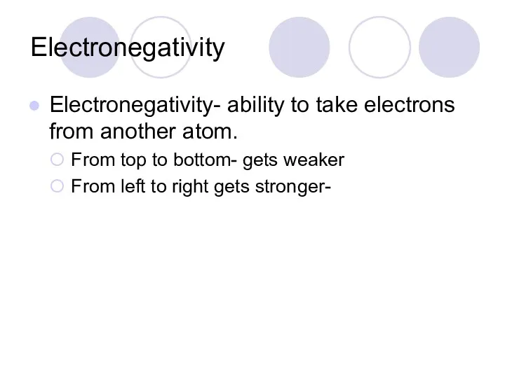 Electronegativity Electronegativity- ability to take electrons from another atom. From