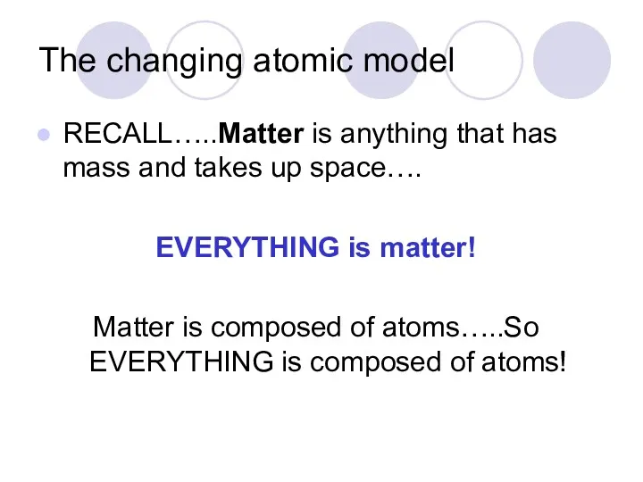 The changing atomic model RECALL…..Matter is anything that has mass