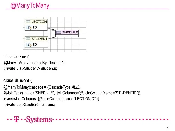 @ManyToMany class Lection { @ManyToMany(mappedBy="lections") private List students; class Student