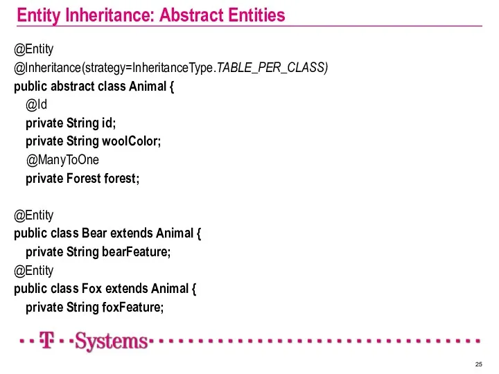 Entity Inheritance: Abstract Entities @Entity @Inheritance(strategy=InheritanceType.TABLE_PER_CLASS) public abstract class Animal