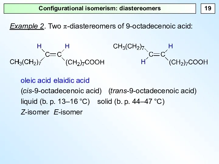 Configurational isomerism: diastereomers Example 2. Two π-diastereomers of 9-octadecenoic acid: