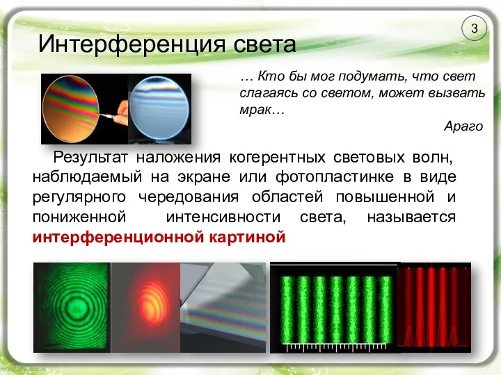 3 Интерференция света Результат наложения когерентных световых волн, наблюдаемый на экране или фотопластинке
