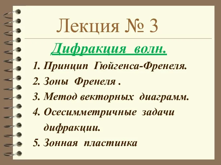 Лекция № 3 Дифракция волн. 1. Принцип Гюйгенса-Френеля. 2. Зоны