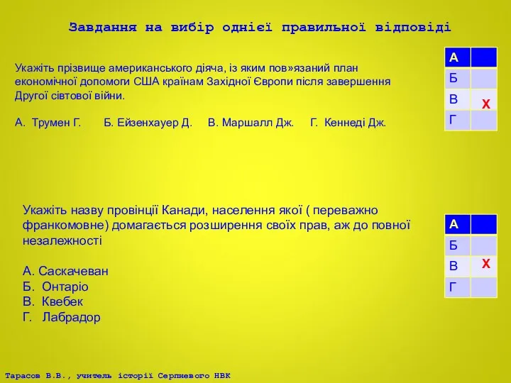 Завдання на вибір однієї правильної відповіді Укажіть прізвище американського діяча,