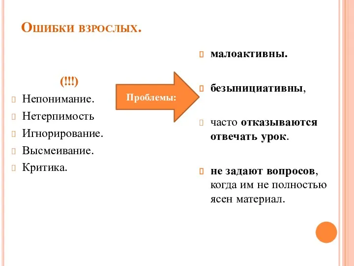 Ошибки взрослых. (!!!) Непонимание. Нетерпимость Игнорирование. Высмеивание. Критика. малоактивны. безынициативны,