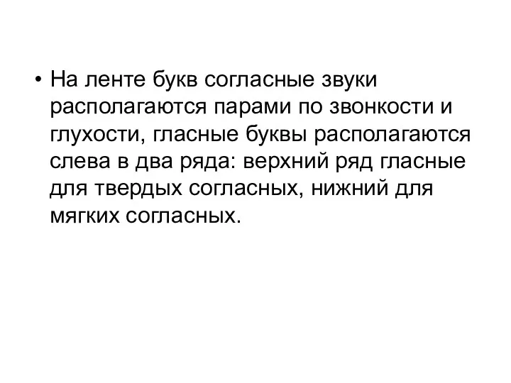 На ленте букв согласные звуки располагаются парами по звонкости и